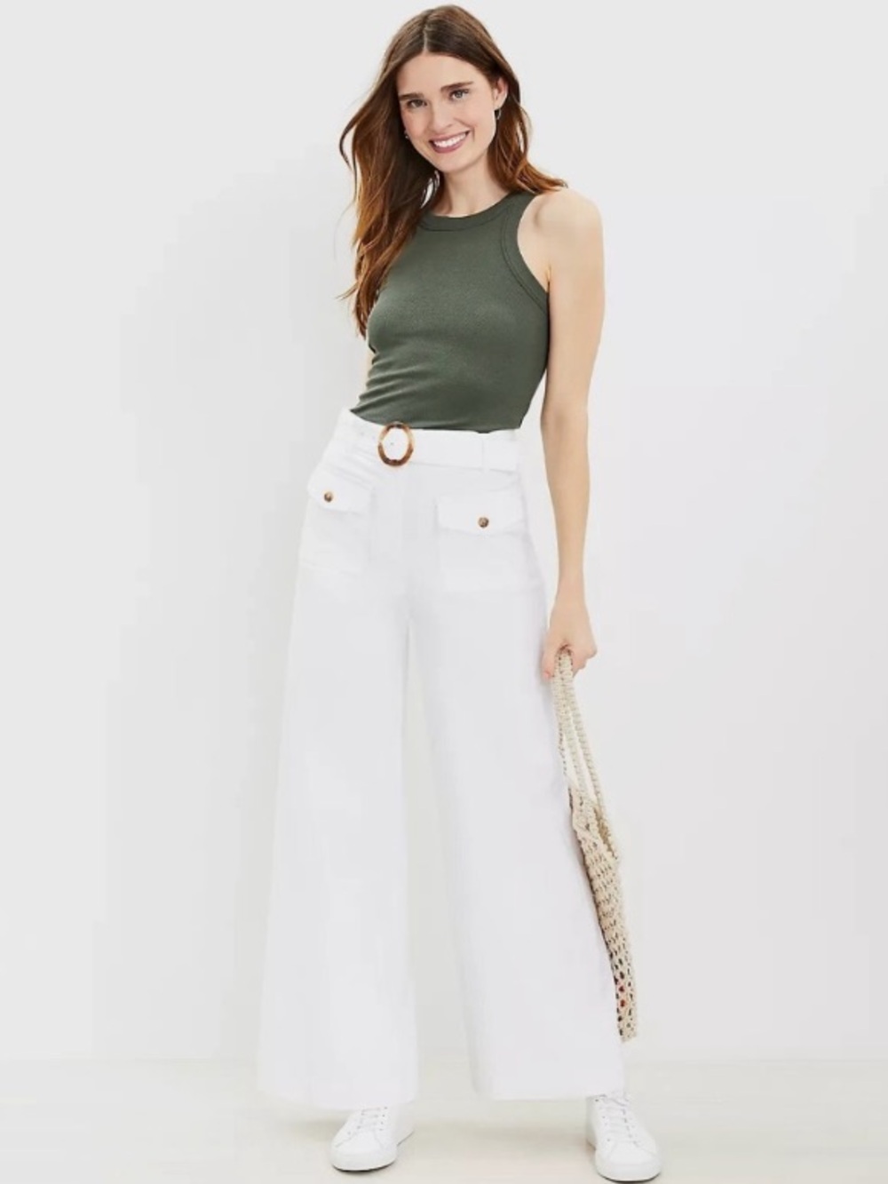LOFT White Wide-Leg High-Rise Pants with Belt